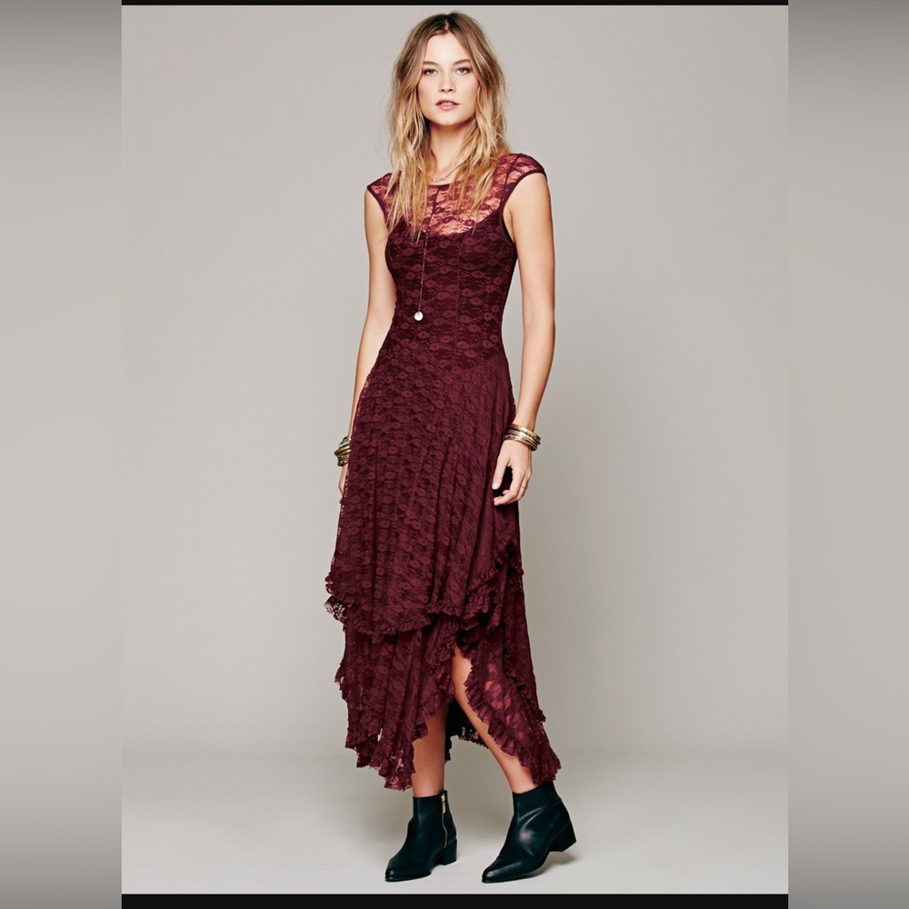 Free People Intimately French Courtship Burgundy Lace Ruffle Maxi Dress size M